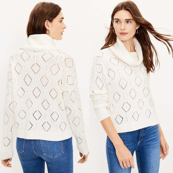 LOFT Wool Blend Turtleneck Chunky Pointelle Knit Oversized Cozy Bobble Sweater S - Picture 3 of 9